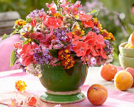 Beautiful Flowers - bloom, flowers, container, fruits