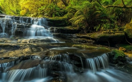 Waterfalls - forest, mountains, moss, sunlight