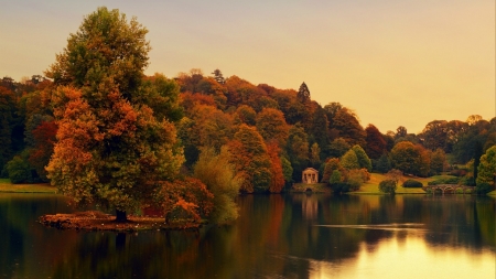 Autumn Lake - nature, lake, autumn, trees, forest, house