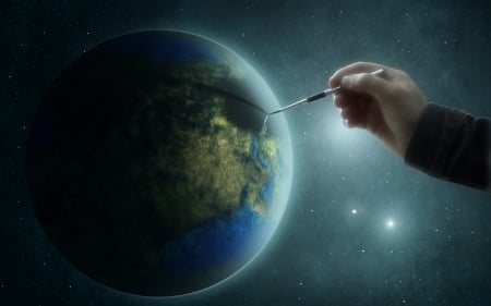 Paint the world - creative, fantasy, world, paint, planet, hand, earth, blue