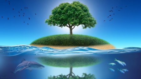 Island - breadfx, summer, bird, water, blue, creative, fantasy, reflection, island, tree, sea, green