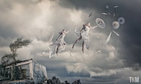 Flying - cloud, creative, sky, fantasy, storm, wind, girl, umbrella