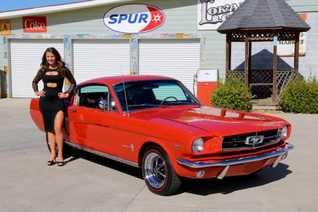 1965 Ford Mustang Fastback 289 A Code and Girl - girl, a code, ford, fastback, 289, car, muscle, red, old-timer, mustang