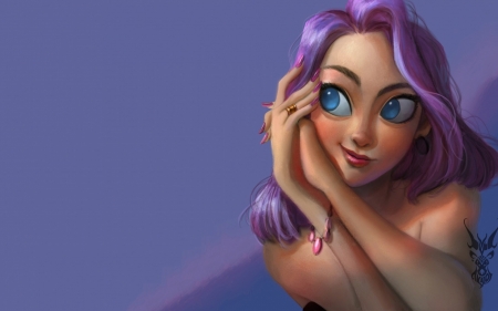 Girl - face, purple, fantasy, david ardynarias, hand, girl, blue, eyes