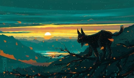 Sunrise - yellow, silhouette, sunrise, cat, black, fantasy, pisica, green, lynx, art, luminos