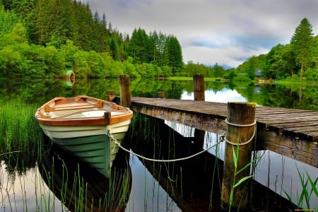 Tranquility - water, beautiful, boat, tranquil, forest, reflection, mountain, pier, serenity, lake