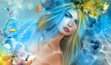 Mermaid - pretty, water, beautiful, girl, sea, lovely, hair, fantasy, shells, lady, mermaid, rays, woman