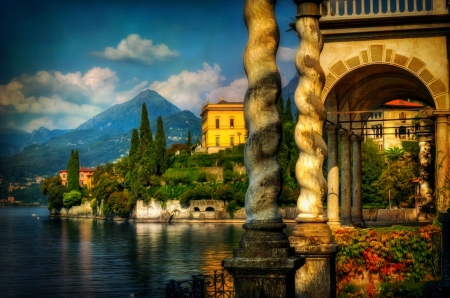 Lake Como, Italy - clouds, Varenna, arch, mountains, sky, building