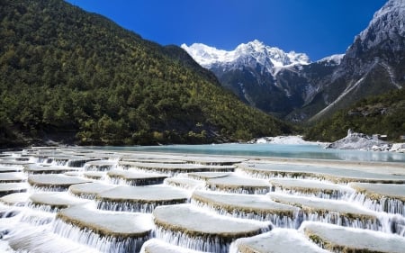 Jade Dragon Snow Mountain - clouds, jade dragon, trees, nature, snow, forest, mountain