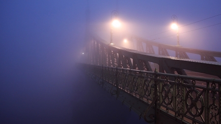 Foggy Bridge - lamp posts, fog, mystical, mysterious, bridge, ornate, firefox persona theme, mist