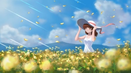 Flower Solitude - sky, brown eyes, anime girl, big eyes, okazaki, clannad, petals, clouds, anime, brunette, short hair, fields, nagisa, clannad after story, blushing, furukawa, nagisa okazaki, rays of light, nagisa furukawa, flower