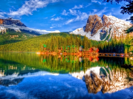 Lonely Cabin on Beautiful Lake - sky, lake, forest, mountains, reflection, nature, cabin