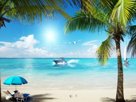 Tropical  Holiday - Sand, Umbrella, Beach chair, Ship, Palm trees, Birds, Sea