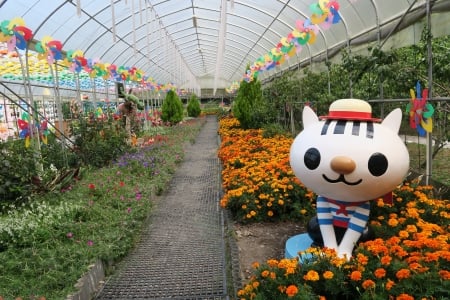 Lovely garden - colourful, garden, flower, statue, toy windmill