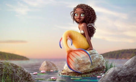 Mermaid - summer, rock, water, yellow, girl, fantasy, nicolas santos, mermaid, sea, luminos