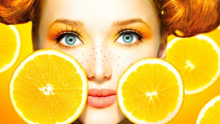 Beauty - blue, girl, eyes, orange, freckles, woman, model, fruit, face, lemon