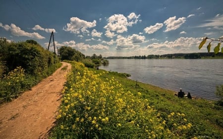 Summer in Latvia - river, clouds, summer, latvia, road, wildflowers