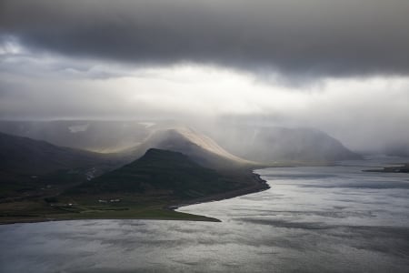 Grey Island - nature, sky, ocean, clouds, island, mountains, sea