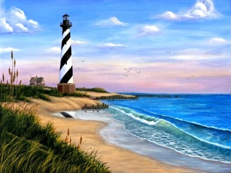 Ocean Lighthouse - hatteras, sky, beach, lighthouse, cape, waves