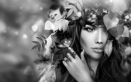 Beauty - rendering, jewel, wreath, bw, ring, fantasy, black, white, hand, luminos, flower