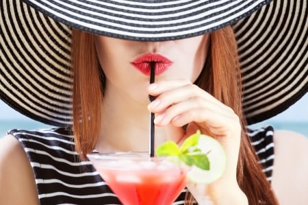 :-) - woman, drink, hat, glass, lips, girl, summer, black, model, white, hand, red, stripes