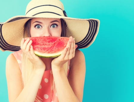 :-) - hat, summer, blue, girl, eyes, hand, watermelon, red, woman, model, fruit