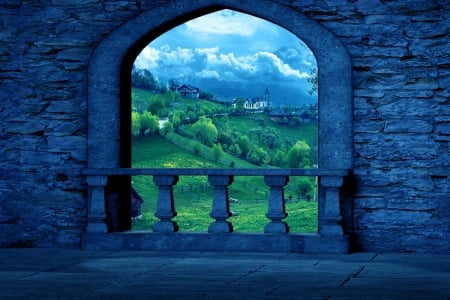 To View From Afar - landscape, hills, castle, photoshop, twilight, mountains, dusk