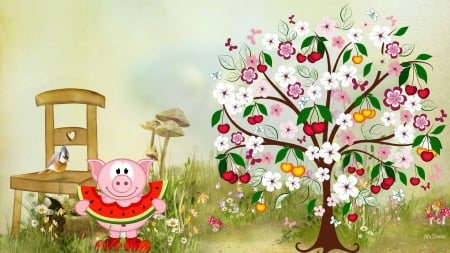 Summer Treat - mushrooms, summer, watermelon, cute, bird, flowers, firefox persona theme, pig, fantasy, toadstools, field