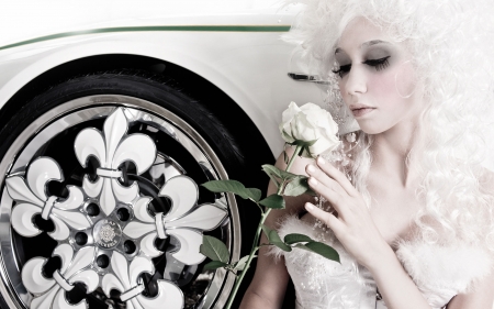 Girl with white rose - girl, car, rose, blonde