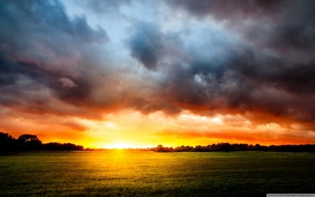 Dramatic Sunset - horizon, sunset, nature, stormy, field, dramatic, cloudy