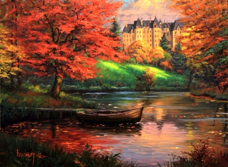 Colorful of Autumn - trees, attractions in dreams, paintings, boat, colors, fall season, leaves, nature, autumn, cities, lakes, love four seasons