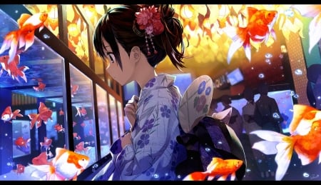 :-) - anime, summer, window, girl, kimono, orange, manga, fantasy, amagai tarou, golden, fish