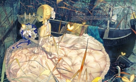 Saber - dan even, flower, lily, anime, girl, dress, manga, saber, fate