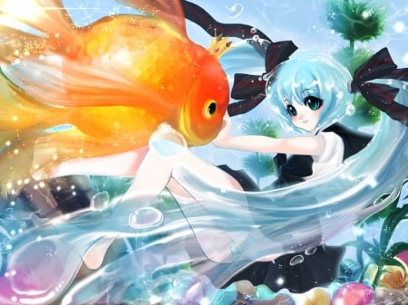 Hatsune Miku - summer, bottle miku, vocaloid, anime, girl, blue, manga, tashachan, golden, fish, hatsune miku