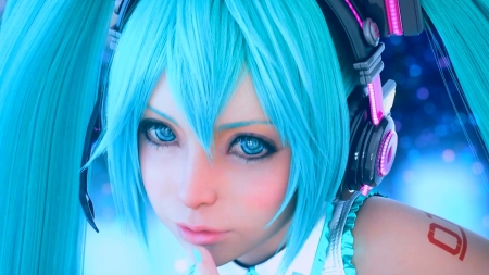 Hatsune Miku - hatsune miku, girl, face, vocaloid, headphones, pink, blue, anime, manga