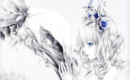 Forever - skull, girl, black, bouno satoshi, fantasy, white, luminos, blue, animal, anime, manga, flower