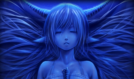 Demon - anime, blue, girl, bouno satoshi, horns, manga, fantasy, luminos, demon