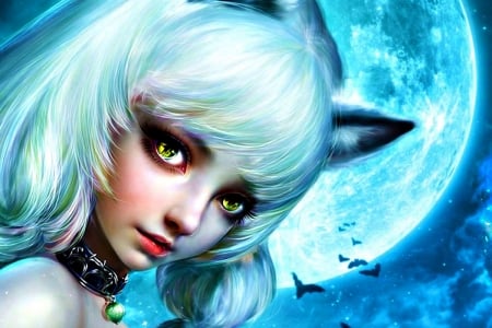 Nekko girl - moon, game, blue, fox, girl, nekko, frumusete, fantasy, face, luna