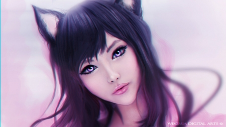 Ahri - face, pink, mia c, game, girl, fox, fantasy, nine tails, league of legends, luminos