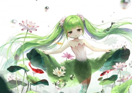 Mermaid - lotus, siloteddy, anime, sirena, bottle miku, summer, girl, hatsune miku, flower, manga, mermaid, green, fish