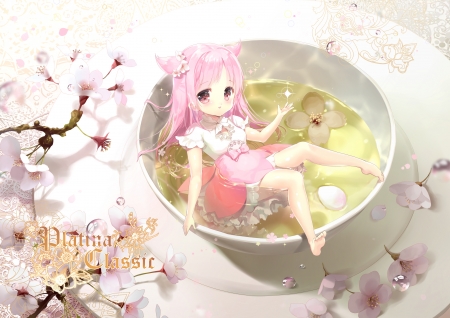 :-) - siloteddy, anime, sakura, girl, tea, flower, pink, manga, chibi, cute, luminos, cup