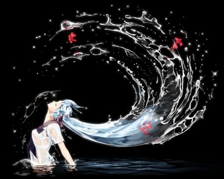 Hatsune Miku - anime, water, summer, bottle, girl, hatsune miku, black, manga, fish