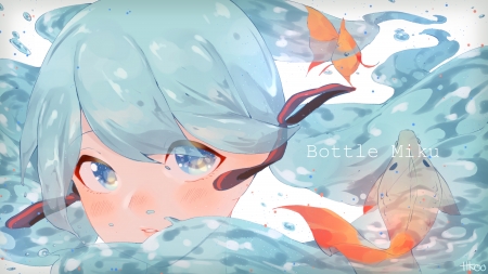 Hatsune Miku - summer, bottle miku, water, anime, girl, blue, manga, fish, orange, hatsune miku