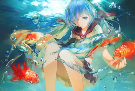 Hatsune Miku - anime, summer, blue, girl, hatsune miku, orange, bbottle miku, manga, underwater, fish