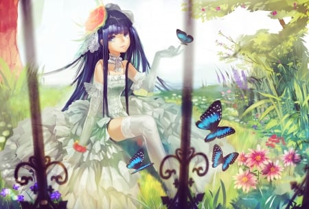 Girl - butterfly, girl, anime, summer, garden, flower, manga