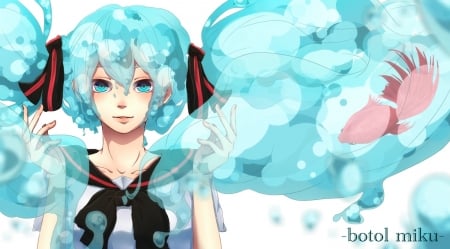 Hatsune Miku - anime, vocaloid, water, bottle miku, summer, blue, girl, hatsune miku, manga, fish