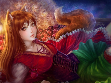 Fox girl - tail, girl, fantasy, fox, luminos, red, orange, green, sillyselly