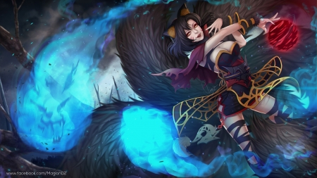 Ahri - game, league of legends, blue, fox, girl, ahri, fantasy, nine tails, luminos