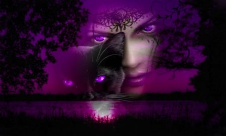 Girl and Cat - water, beautiful, girl, reflection, cat, black, fantasy, purple, digital, woman, art