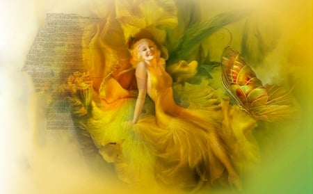 Orchid Girl - flower, digital, pretty, beautiful, yellow, girl, art, fantasy, butterfly, lovely, orchid, woman